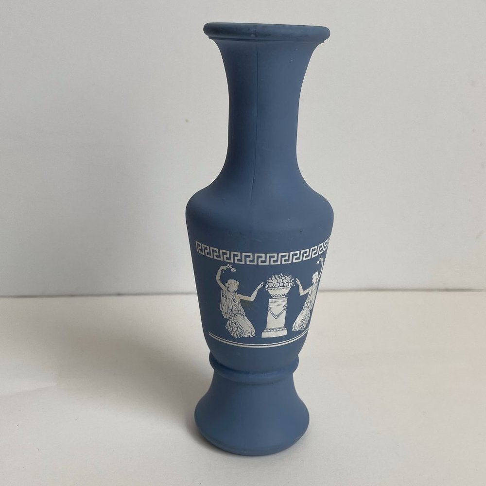 Vintage Wedgwood Jasper Blue White Greek Print Mini Bud Vase Vase 5 5/8” Tall